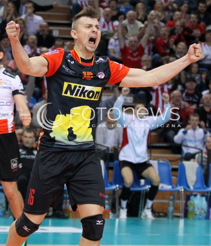  14.01.2014 RZESZOW POLAND <br />SIATKOWKA LIGA MISTRZOW MEN CEV VOLLEYBALL CHAMPIONS LEAGUE 2013/2014 MATCH<br />ASSECO RESOVIA -  KNACK ROESELARE <br />N/Z KRZYSZTOF IGNACZAK SYLWETKA RADOSC EMOCJE <br /> 