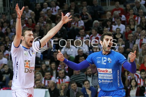  14.01.2014 RZESZOW POLAND <br />SIATKOWKA LIGA MISTRZOW MEN CEV VOLLEYBALL CHAMPIONS LEAGUE 2013/2014 MATCH<br />ASSECO RESOVIA -  KNACK ROESELARE <br />N/Z STIJN DEJONCKHEERE RUBEN VAN HIRTUM RADOSC EMOCJE <br /> 