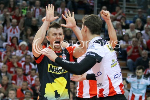  14.01.2014 RZESZOW POLAND <br />SIATKOWKA LIGA MISTRZOW MEN CEV VOLLEYBALL CHAMPIONS LEAGUE 2013/2014 MATCH<br />ASSECO RESOVIA -  KNACK ROESELARE <br />N/Z KRZYSZTOF IGNACZAK LUKAS TICHACEK RADOSC EMOCJE <br /> 