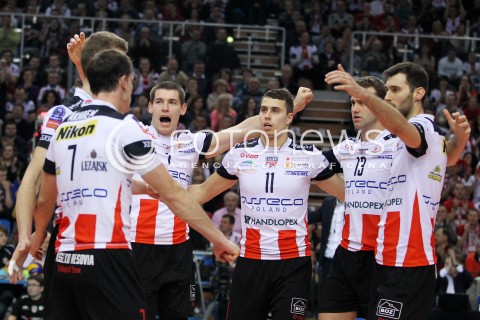  14.01.2014 RZESZOW POLAND <br />SIATKOWKA LIGA MISTRZOW MEN CEV VOLLEYBALL CHAMPIONS LEAGUE 2013/2014 MATCH<br />ASSECO RESOVIA -  KNACK ROESELARE <br />N/Z DAWID KONARSKI FABIAN DRZYZGA GRZEGORZ KOSOK PETER VERES RADOSC EMOCJE <br /> 