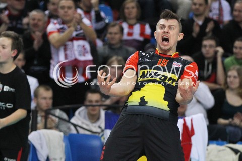  14.01.2014 RZESZOW POLAND <br />SIATKOWKA LIGA MISTRZOW MEN CEV VOLLEYBALL CHAMPIONS LEAGUE 2013/2014 MATCH<br />ASSECO RESOVIA -  KNACK ROESELARE <br />N/Z KRZYSZTOF IGNACZAK RADOSC EMOCJE SYLWETKA <br /> 