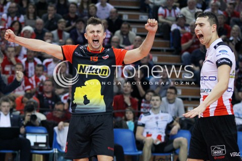  14.01.2014 RZESZOW POLAND <br />SIATKOWKA LIGA MISTRZOW MEN CEV VOLLEYBALL CHAMPIONS LEAGUE 2013/2014 MATCH<br />ASSECO RESOVIA -  KNACK ROESELARE <br />N/Z KRZYSZTOF IGNACZAK FABIAN DRZYZGA RADOSC EMOCJE <br /> 