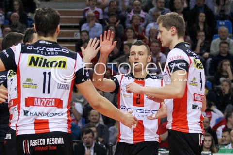  08.02.2014 RZESZOW <br />SIATKOWKA PLUS LIGA 2013/2014 MEN VOLLEYBALL POLAND POLISH PLUSLIGA LEAGUE SEASON 2013/2014 <br />MECZ ASSECO RESOVIA RZESZOW - AZS CZESTOCHOWA<br />N/Z PAUL LOTMAN PIOTR NOWAKOWSKI RADOSC EMOCJE <br /> 