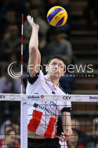  11.02.2014 RZESZOW POLAND <br />SIATKOWKA LIGA MISTRZOW MEN CEV VOLLEYBALL CHAMPIONS LEAGUE 2013/2014 MATCH<br />ASSECO RESOVIA -  JASTRZEBSKI WEGIEL <br />N/Z WOJCIECH GRZYB SYLWETKA ATAK<br /> 