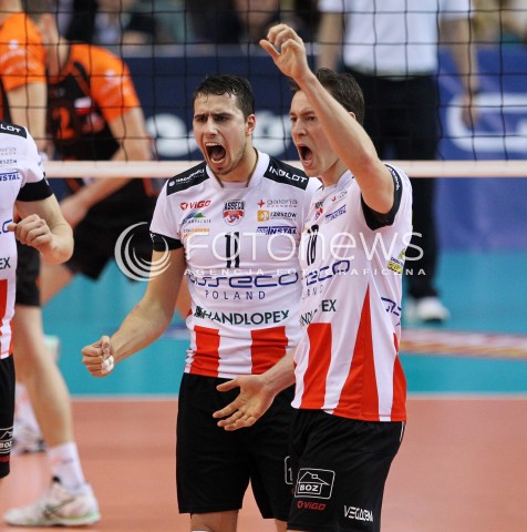  11.02.2014 RZESZOW POLAND <br />SIATKOWKA LIGA MISTRZOW MEN CEV VOLLEYBALL CHAMPIONS LEAGUE 2013/2014 MATCH<br />ASSECO RESOVIA -  JASTRZEBSKI WEGIEL <br />N/Z FABIAN DRZYZGA JOCHEN SCHOPS RADOSC EMOCJE <br /> 