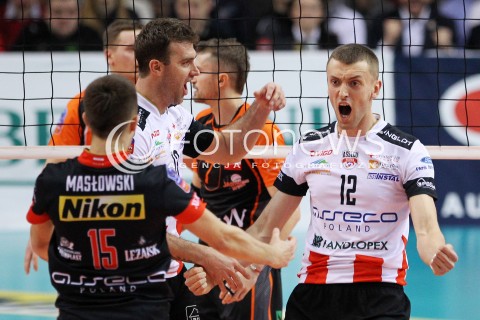  11.02.2014 RZESZOW POLAND <br />SIATKOWKA LIGA MISTRZOW MEN CEV VOLLEYBALL CHAMPIONS LEAGUE 2013/2014 MATCH<br />ASSECO RESOVIA -  JASTRZEBSKI WEGIEL <br />N/Z LUKASZ PERLOWSKI RADOSC EMOCJE <br /> 