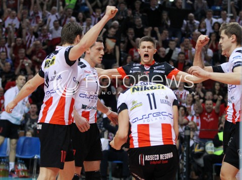  11.02.2014 RZESZOW POLAND <br />SIATKOWKA LIGA MISTRZOW MEN CEV VOLLEYBALL CHAMPIONS LEAGUE 2013/2014 MATCH<br />ASSECO RESOVIA -  JASTRZEBSKI WEGIEL <br />N/Z MATEUSZ MASLOWSKI OLIEG ACHREM ALEH AKHREM FABIAN DRZYZGA RADOSC EMOCJE <br /> 