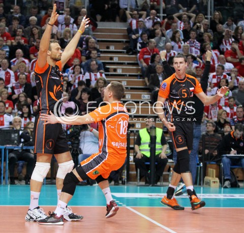 11.02.2014 RZESZOW POLAND <br />SIATKOWKA LIGA MISTRZOW MEN CEV VOLLEYBALL CHAMPIONS LEAGUE 2013/2014 MATCH<br />ASSECO RESOVIA -  JASTRZEBSKI WEGIEL <br />N/Z MICHAL LASKO DAMIAN WOJTASZEK ALEN PAJENK RADOSC EMOCJE <br /> 