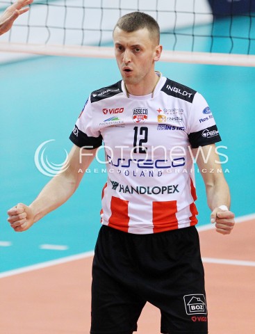  11.02.2014 RZESZOW POLAND <br />SIATKOWKA LIGA MISTRZOW MEN CEV VOLLEYBALL CHAMPIONS LEAGUE 2013/2014 MATCH<br />ASSECO RESOVIA -  JASTRZEBSKI WEGIEL <br />N/Z LUKASZ PERLOWSKI RADOSC EMOCJE SYLWETKA <br /> 