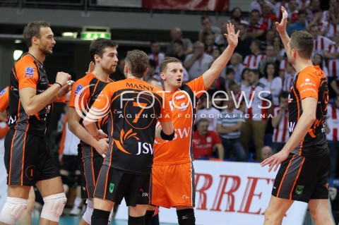  11.02.2014 RZESZOW POLAND <br />SIATKOWKA LIGA MISTRZOW MEN CEV VOLLEYBALL CHAMPIONS LEAGUE 2013/2014 MATCH<br />ASSECO RESOVIA -  JASTRZEBSKI WEGIEL <br />N/Z DAMIAN WOJTASZEK MICHAL KUBIAK MICHAL LASKO RADOSC EMOCJE <br /> 