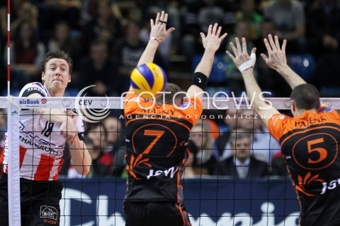  11.02.2014 RZESZOW POLAND <br />SIATKOWKA LIGA MISTRZOW MEN CEV VOLLEYBALL CHAMPIONS LEAGUE 2013/2014 MATCH<br />ASSECO RESOVIA -  JASTRZEBSKI WEGIEL <br />N/Z JOCHEN SCHOPS MICHAL MASNY ALEN PAJENK <br /> 