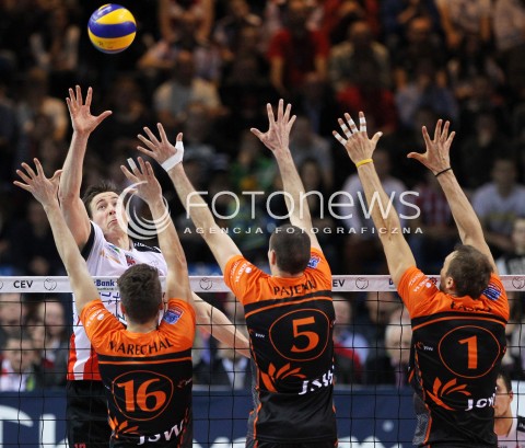  11.02.2014 RZESZOW POLAND <br />SIATKOWKA LIGA MISTRZOW MEN CEV VOLLEYBALL CHAMPIONS LEAGUE 2013/2014 MATCH<br />ASSECO RESOVIA -  JASTRZEBSKI WEGIEL <br />N/Z JOCHEN SCHOPS NICOLAS MARECHAL ALEN PAJENK MICHAL LASKO <br /> 
