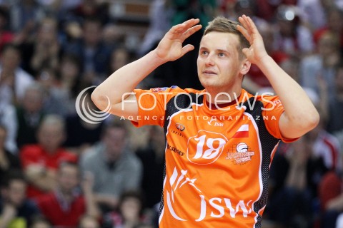  11.02.2014 RZESZOW POLAND <br />SIATKOWKA LIGA MISTRZOW MEN CEV VOLLEYBALL CHAMPIONS LEAGUE 2013/2014 MATCH<br />ASSECO RESOVIA -  JASTRZEBSKI WEGIEL <br />N/Z DAMIAN WOJTASZEK ZLOSC EMOCJE NIEDOWIERZANIE<br /> 