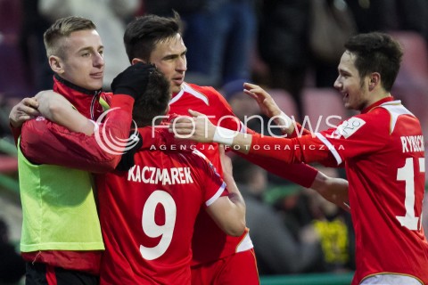  22.02.2014 LODZ PILKA NOZNA POLSKA T-MOBILE EKSTRAKLASA SEZON 2013/2014 FOOTBALL POLISH EKSTRAKLASA SEASON 2013/2014 WIDZEW LODZ - PIAST GLIWICE N/Z MARCIN KACZMAREK GOL RADOSC SYLWETKA   