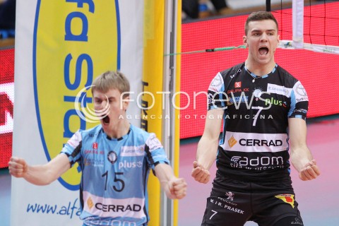  01.03.2014 RZESZOW <br />SIATKOWKA PLUS LIGA 2013/2014 MEN VOLLEYBALL POLAND POLISH PLUSLIGA LEAGUE SEASON 2013/2014 <br />MECZ ASSECO RESOVIA RZESZOW - CZARNI RADOM<br />N/Z JAKUB WACHNIK PAWEL FILIPOWICZ RADOSC EMOCJE <br /> 