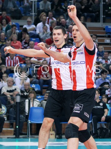  01.03.2014 RZESZOW <br />SIATKOWKA PLUS LIGA 2013/2014 MEN VOLLEYBALL POLAND POLISH PLUSLIGA LEAGUE SEASON 2013/2014 <br />MECZ ASSECO RESOVIA RZESZOW - CZARNI RADOM<br />N/Z ALEH ACHREM OLIEG AKHREM DAWID KONARSKI RADOSC EMOCJE SYLWETKA <br /> 
