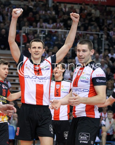  08.03.2014 RZESZOW <br />SIATKOWKA PLUS LIGA 2013/2014 MEN VOLLEYBALL POLAND POLISH PLUSLIGA LEAGUE SEASON 2013/2014 <br />MECZ ASSECO RESOVIA RZESZOW - EFFECTOR KIELCE <br />N/Z WOJCIECH GRZYB DAWID KONARSKI RADOSC EMOCJE <br /> 