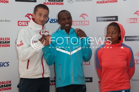  13.04.2014 WARSZAWA <br />ORLEN WARSAW MARATHON KONFERENCJA PRASOWA<br />N/Z HENRYK SZOST TADESSA TOLA EHILE BIZUAYEHU<br /> 