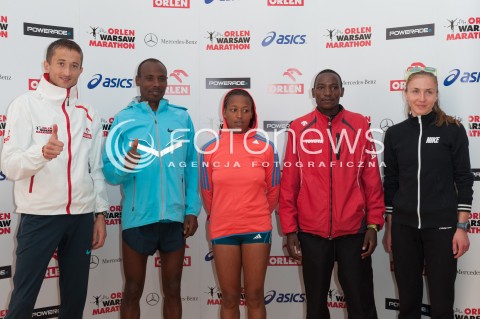  13.04.2014 WARSZAWA <br />ORLEN WARSAW MARATHON KONFERENCJA PRASOWA<br />N/Z HENRYK SZOST TADESSA TOLA MARTIN MUKELE SVETLANA KUDELICZ EHILE BIZUAYEHU<br /> 