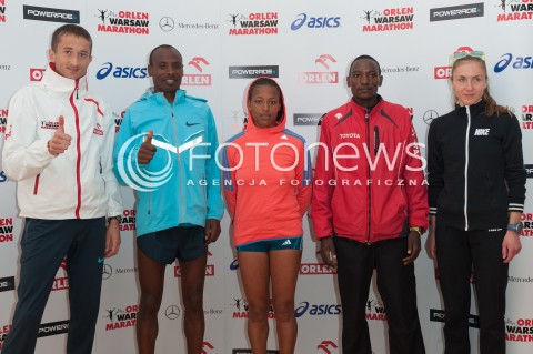  13.04.2014 WARSZAWA <br />ORLEN WARSAW MARATHON KONFERENCJA PRASOWA<br />N/Z HENRYK SZOST TADESSA TOLA MARTIN MUKELE SVETLANA KUDELICZ EHILE BIZUAYEHU<br /> 