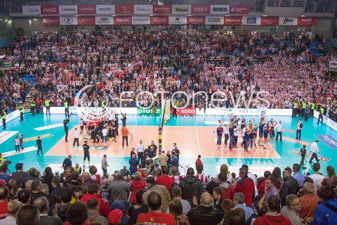  17.04.2014 RZESZOW <br />SIATKOWKA PLUS LIGA 2013/2014 MEN VOLLEYBALL POLAND POLISH PLUSLIGA LEAGUE SEASON 2013/2014 RUNDA PLAY-OFF POLFINAL SEMIFINAL<br />MECZ ASSECO RESOVIA - ZAKSA KEDZIERZYN KOZLE<br />N/Z AWANS SIATKARZY ASSECO RESOVIA EMOCJE KIBICE FLAGI PASIAKI KLUB KIBICA HALA WIDOK VIEW<br /> 