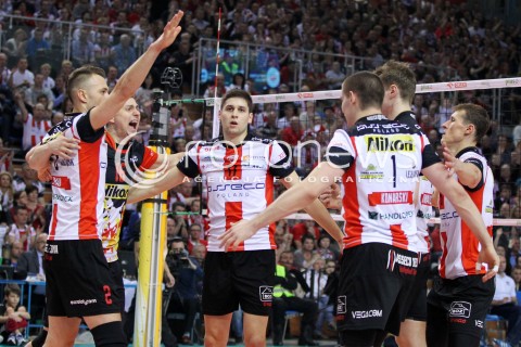  17.04.2014 RZESZOW <br />SIATKOWKA PLUS LIGA 2013/2014 MEN VOLLEYBALL POLAND POLISH PLUSLIGA LEAGUE SEASON 2013/2014 RUNDA PLAY-OFF POLFINAL SEMIFINAL<br />MECZ ASSECO RESOVIA - ZAKSA KEDZIERZYN KOZLE<br />N/Z NIKOLAY PENCZEV PENCHEV KRZYSZTOF IGNACZAK PAUL LOTMAN RADOSC EMOCJE <br /> 