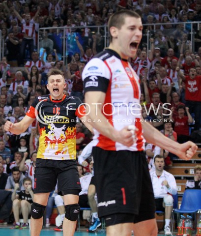  17.04.2014 RZESZOW <br />SIATKOWKA PLUS LIGA 2013/2014 MEN VOLLEYBALL POLAND POLISH PLUSLIGA LEAGUE SEASON 2013/2014 RUNDA PLAY-OFF POLFINAL SEMIFINAL<br />MECZ ASSECO RESOVIA - ZAKSA KEDZIERZYN KOZLE<br />N/Z KRZYSZTOF IGNACZAK RADOSC EMOCJE DAWID KONARSKI <br /> 