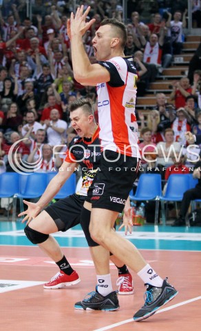  17.04.2014 RZESZOW <br />SIATKOWKA PLUS LIGA 2013/2014 MEN VOLLEYBALL POLAND POLISH PLUSLIGA LEAGUE SEASON 2013/2014 RUNDA PLAY-OFF POLFINAL SEMIFINAL<br />MECZ ASSECO RESOVIA - ZAKSA KEDZIERZYN KOZLE<br />N/Z KRZYSZTOF IGNACZAK PAUL LOTMAN RADOSC EMOCJE <br /> 