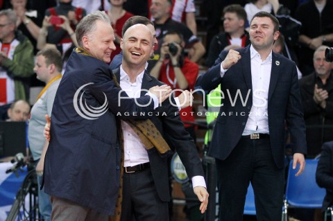  17.04.2014 RZESZOW <br />SIATKOWKA PLUS LIGA 2013/2014 MEN VOLLEYBALL POLAND POLISH PLUSLIGA LEAGUE SEASON 2013/2014 RUNDA PLAY-OFF POLFINAL SEMIFINAL<br />MECZ ASSECO RESOVIA - ZAKSA KEDZIERZYN KOZLE<br />N/Z ADAM GORAL - PREZES ASSECO POLAND I BARTOSZ GORSKI - PREZES ASSECO RESOVIA I JAROSLAW GUTOWSKI<br />RADOSC EMOCJE AWANS DO FINALU ZWYCIESTWO WYGRANA<br /> 