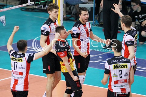  22.04.2014 RZESZOW <br />SIATKOWKA PLUS LIGA 2013/2014 MEN VOLLEYBALL POLAND POLISH PLUSLIGA LEAGUE SEASON 2013/2014 RUNDA PLAY-OFF FINAL - 1. MECZ<br />MECZ ASSECO RESOVIA - PGE SKRA BELCHATOW<br />N/Z FABIAN DRZYZGA KRZYSZTOF IGNACZAK PIOTR NOWAKOWSKI RADOSC EMOCJE <br /> 