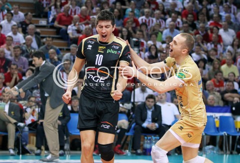  22.04.2014 RZESZOW <br />SIATKOWKA PLUS LIGA 2013/2014 MEN VOLLEYBALL POLAND POLISH PLUSLIGA LEAGUE SEASON 2013/2014 RUNDA PLAY-OFF FINAL - 1. MECZ<br />MECZ ASSECO RESOVIA - PGE SKRA BELCHATOW<br />N/Z NICOLAS URIARTE PAWEL ZATORSKI RADOSC EMOCJE <br /> 