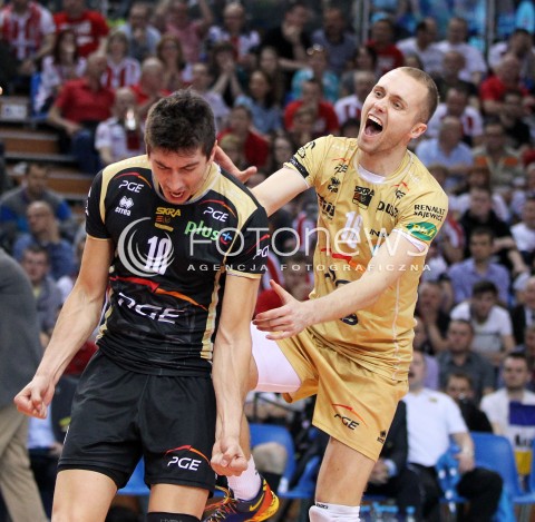  22.04.2014 RZESZOW <br />SIATKOWKA PLUS LIGA 2013/2014 MEN VOLLEYBALL POLAND POLISH PLUSLIGA LEAGUE SEASON 2013/2014 RUNDA PLAY-OFF FINAL - 1. MECZ<br />MECZ ASSECO RESOVIA - PGE SKRA BELCHATOW<br />N/Z PAWEL ZATORSKI NICOLAS URIARTE RADOSC EMOCJE ZWYCIESTWO WYGRANA<br /> 
