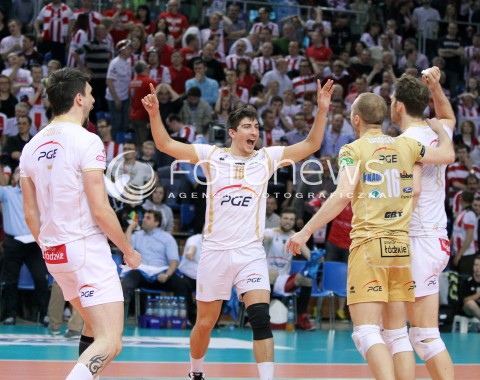  23.04.2014 RZESZOW <br />SIATKOWKA PLUS LIGA 2013/2014 MEN VOLLEYBALL POLAND POLISH PLUSLIGA LEAGUE SEASON 2013/2014 RUNDA PLAY-OFF FINAL - 2. MECZ<br />MECZ ASSECO RESOVIA - PGE SKRA BELCHATOW<br />N/Z NICOLAS URIARTE PAWEL ZATORSKI RADOSC EMOCJE <br /> 