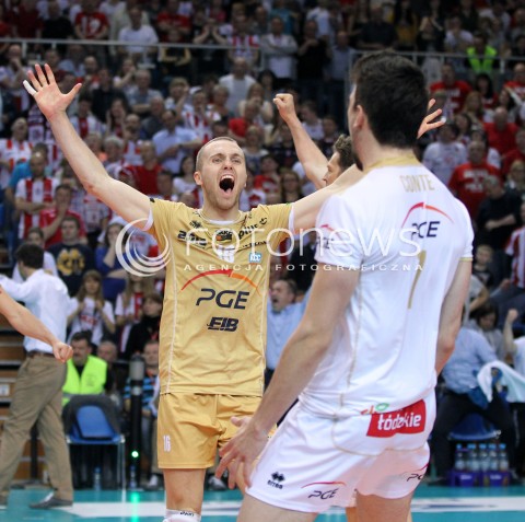  23.04.2014 RZESZOW <br />SIATKOWKA PLUS LIGA 2013/2014 MEN VOLLEYBALL POLAND POLISH PLUSLIGA LEAGUE SEASON 2013/2014 RUNDA PLAY-OFF FINAL - 2. MECZ<br />MECZ ASSECO RESOVIA - PGE SKRA BELCHATOW<br />N/Z PAWEL ZATORSKI RADOSC EMOCJE <br /> 