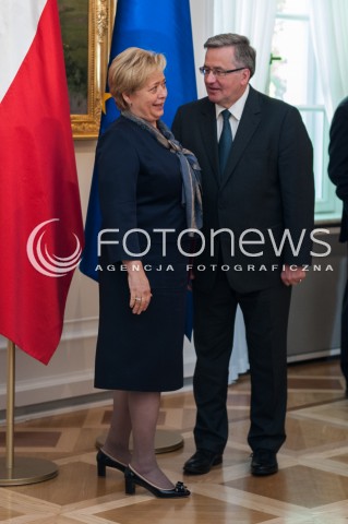  30.04.2014 WARSZAWA <br />UROCZYSTOSC POWOLANIA PIERWSZEGO PREZESA SADU NAJWYZSZEGO W BELWEDERZE<br />N/Z PREZYDENT RP BRONISLAW KOMOROWSKI    PREZES SN MALGORZATA GERSDORF  <br /> 