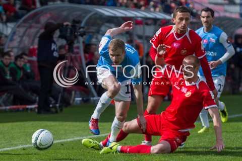  04.05.2014 LODZ <br />
PILKA NOZNA POLSKA POLISH T-MOBILE EKSTRAKLASA GRUPA SPADKOWA SEZON SEASON 2013/2014 FOOTBALL WIDZEW LODZ - CRACOVIA KRAKOW<br />
N/Z RAFAL AUGUSTYNIAK DAWID NOWAK<br />
 