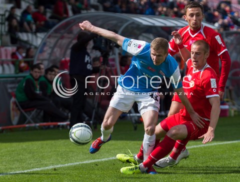  04.05.2014 LODZ <br />
PILKA NOZNA POLSKA POLISH T-MOBILE EKSTRAKLASA GRUPA SPADKOWA SEZON SEASON 2013/2014 FOOTBALL WIDZEW LODZ - CRACOVIA KRAKOW<br />
N/Z RAFAL AUGUSTYNIAK DAWID NOWAK PIOTR MROZINSKI<br />
 