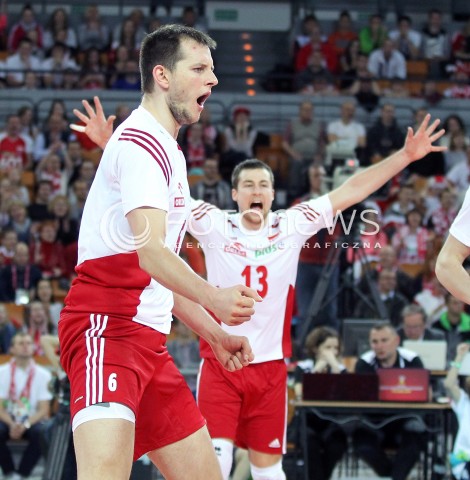  16.05.2014 WROCLAW <br />SIATKOWKA MEZCZYZN <br />TURNIEJ KWALIFIKACYJNY DO MISTRZOSTW EUROPY 2015<br />2015 FIVB WORLD CHAMPIONSHIP - EUROPEAN QUALIFICATION MEN <br />MECZ POLSKA - LOTWA ( POLAND - LATVIA ) <br />N/Z BARTOSZ KUREK RADOSC EMOCJE <br /> 