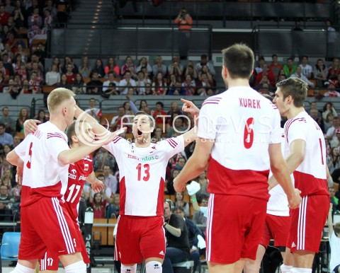  16.05.2014 WROCLAW <br />SIATKOWKA MEZCZYZN <br />TURNIEJ KWALIFIKACYJNY DO MISTRZOSTW EUROPY 2015<br />2015 FIVB WORLD CHAMPIONSHIP - EUROPEAN QUALIFICATION MEN <br />MECZ POLSKA - LOTWA ( POLAND - LATVIA ) <br />N/Z MICHAL KUBIAK PAWEL ZATORSKI RADOSC EMOCJE <br /> 