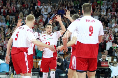 16.05.2014 WROCLAW <br />SIATKOWKA MEZCZYZN <br />TURNIEJ KWALIFIKACYJNY DO MISTRZOSTW EUROPY 2015<br />2015 FIVB WORLD CHAMPIONSHIP - EUROPEAN QUALIFICATION MEN <br />MECZ POLSKA - LOTWA ( POLAND - LATVIA ) <br />N/Z MICHAL KUBIAK RADOSC EMOCJE <br /> 