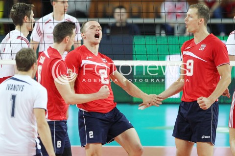  16.05.2014 WROCLAW <br />SIATKOWKA MEZCZYZN <br />TURNIEJ KWALIFIKACYJNY DO MISTRZOSTW EUROPY 2015<br />2015 FIVB WORLD CHAMPIONSHIP - EUROPEAN QUALIFICATION MEN <br />MECZ POLSKA - LOTWA ( POLAND - LATVIA ) <br />N/Z AIVARS PETRUSEVICS VIKTORS KORZENEVICS RADOSC EMOCJE <br /> 