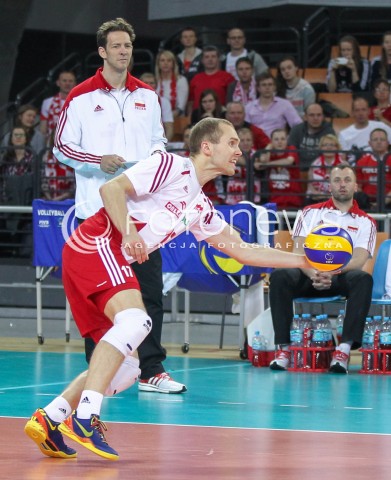  17.05.2014 WROCLAW <br />SIATKOWKA MEZCZYZN <br />TURNIEJ KWALIFIKACYJNY DO MISTRZOSTW EUROPY 2015<br />2015 FIVB WORLD CHAMPIONSHIP - EUROPEAN QUALIFICATION MEN <br />MECZ POLSKA - MACEDONIA ( POLAND - FYROM ) <br />N/Z PAWEL ZATORSKI STEPHANE ANTIGA TRENER ( HEAD COACH ) <br /> 