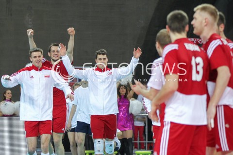  17.05.2014 WROCLAW <br />SIATKOWKA MEZCZYZN <br />TURNIEJ KWALIFIKACYJNY DO MISTRZOSTW EUROPY 2015<br />2015 FIVB WORLD CHAMPIONSHIP - EUROPEAN QUALIFICATION MEN <br />MECZ POLSKA - MACEDONIA ( POLAND - FYROM ) <br />N/Z MARIUSZ WLAZLY FABIAN DRZYZGA BARTOSZ KUREK RADOSC EMOCJE WYGRANA<br /> 