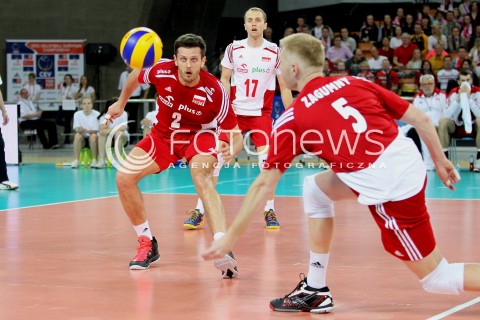  17.05.2014 WROCLAW <br />SIATKOWKA MEZCZYZN <br />TURNIEJ KWALIFIKACYJNY DO MISTRZOSTW EUROPY 2015<br />2015 FIVB WORLD CHAMPIONSHIP - EUROPEAN QUALIFICATION MEN <br />MECZ POLSKA - MACEDONIA ( POLAND - FYROM ) <br />N/Z MICHAL WINIARSKI PAWEL ZATORSKI PAWEL ZAGUMNY <br /> 