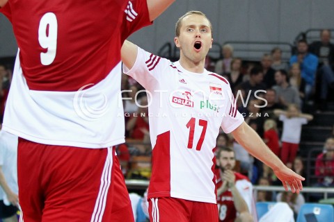  17.05.2014 WROCLAW <br />SIATKOWKA MEZCZYZN <br />TURNIEJ KWALIFIKACYJNY DO MISTRZOSTW EUROPY 2015<br />2015 FIVB WORLD CHAMPIONSHIP - EUROPEAN QUALIFICATION MEN <br />MECZ POLSKA - MACEDONIA ( POLAND - FYROM ) <br />N/Z PAWEL ZATORSKI RADOSC EMOCJE <br /> 
