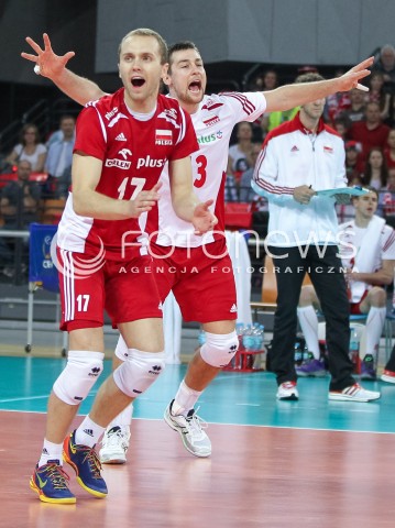  18.05.2014 WROCLAW <br />SIATKOWKA MEZCZYZN <br />TURNIEJ KWALIFIKACYJNY DO MISTRZOSTW EUROPY 2015<br />2015 FIVB WORLD CHAMPIONSHIP - EUROPEAN QUALIFICATION MEN <br />MECZ POLSKA - SLOWENIA ( POLAND - SLOVENIA ) <br />N/Z PAWEL ZATORSKI MICHAL KUBIAK SYLWETKA RADOSC EMOCJE <br /> 