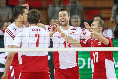  18.05.2014 WROCLAW <br />SIATKOWKA MEZCZYZN <br />TURNIEJ KWALIFIKACYJNY DO MISTRZOSTW EUROPY 2015<br />2015 FIVB WORLD CHAMPIONSHIP - EUROPEAN QUALIFICATION MEN <br />MECZ POLSKA - SLOWENIA ( POLAND - SLOVENIA ) <br />N/Z MICHAL KUBIAK PAWEL ZATORSKI RADOSC EMOCJE <br /> 