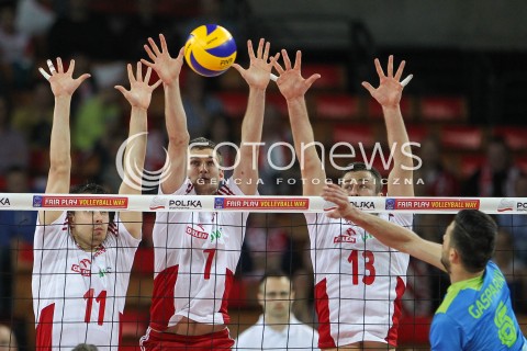 18.05.2014 WROCLAW <br />SIATKOWKA MEZCZYZN <br />TURNIEJ KWALIFIKACYJNY DO MISTRZOSTW EUROPY 2015<br />2015 FIVB WORLD CHAMPIONSHIP - EUROPEAN QUALIFICATION MEN <br />MECZ POLSKA - SLOWENIA ( POLAND - SLOVENIA ) <br />N/Z KAROL KLOS MICHAL KUBIAK FABIAN DRZYZGA <br /> 