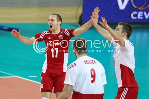  18.05.2014 WROCLAW <br />SIATKOWKA MEZCZYZN <br />TURNIEJ KWALIFIKACYJNY DO MISTRZOSTW EUROPY 2015<br />2015 FIVB WORLD CHAMPIONSHIP - EUROPEAN QUALIFICATION MEN <br />MECZ POLSKA - SLOWENIA ( POLAND - SLOVENIA ) <br />N/Z PAWEL ZATORSKI MICHAL KUBIAK RADOSC EMOCJE <br /> 