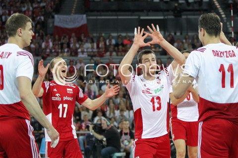  18.05.2014 WROCLAW <br />SIATKOWKA MEZCZYZN <br />TURNIEJ KWALIFIKACYJNY DO MISTRZOSTW EUROPY 2015<br />2015 FIVB WORLD CHAMPIONSHIP - EUROPEAN QUALIFICATION MEN <br />MECZ POLSKA - SLOWENIA ( POLAND - SLOVENIA ) <br />N/Z PAWEL ZATORSKI MICHAL KUBIAK RADOSC EMOCJE <br /> 